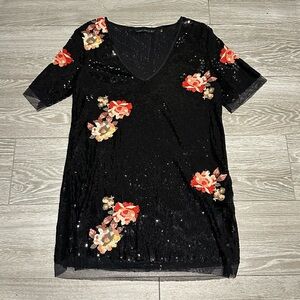 Zara Black Sequin Dress with Red and Cream Floral Design